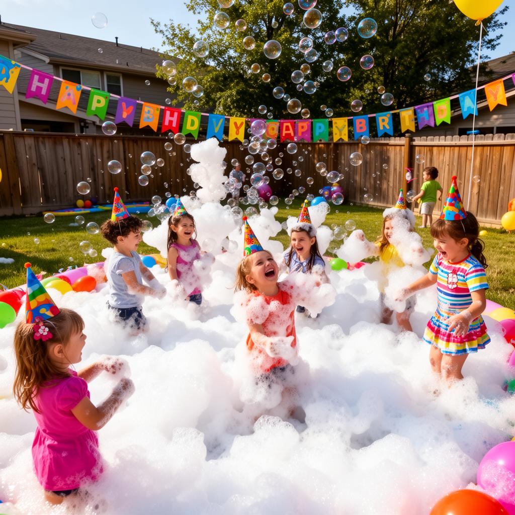 Children having fun at a birthday foam party