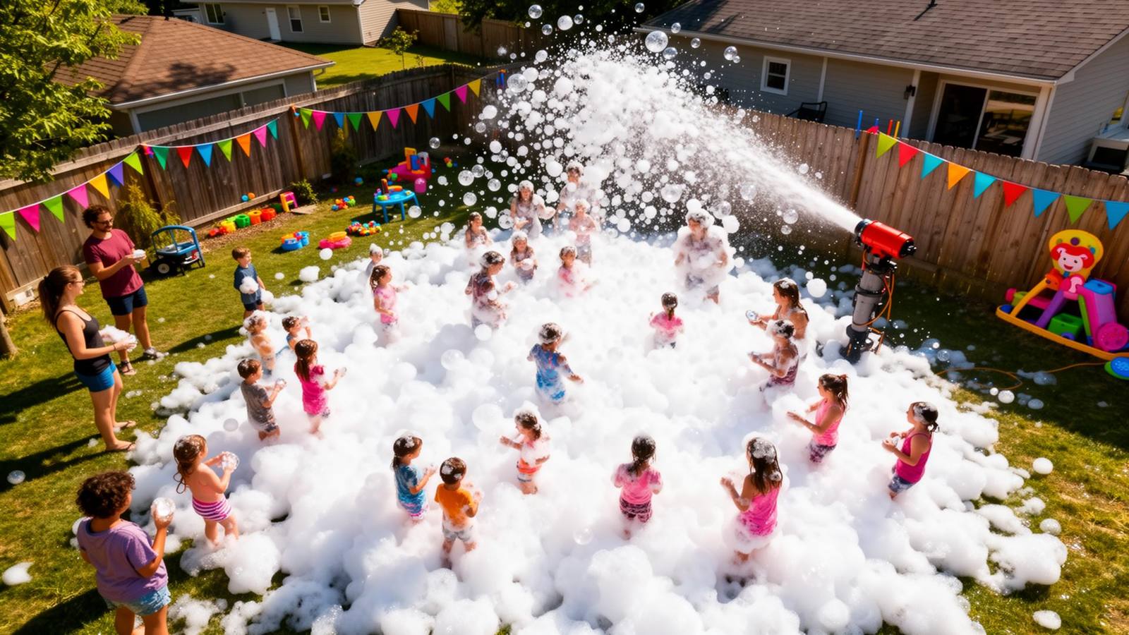Kids enjoying a foam party in a backyard